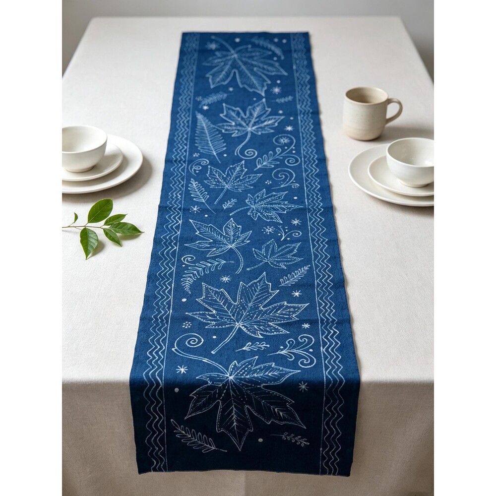 Handmade Indigo Batik Maple Leaf Table Runner, Natural Indigo Cotton Tea Mat